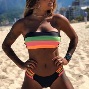 Striped Patchwork Sexy Bikini Set Bandeau Bandage Tie Back Women Swimsuit Thong Plus Size Tube Cut Out New Hot