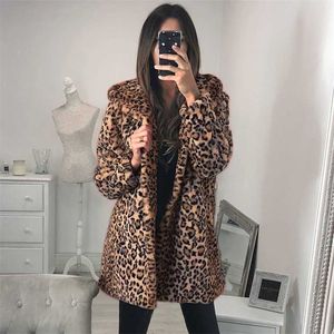 Leopard Elegant Faux Fur Coat Kvinnor Vår Höst Varm Mjukt Jacka Kvinna Tryckt Overcoat Casual Hooded Lady OuterWear 5XL 211220