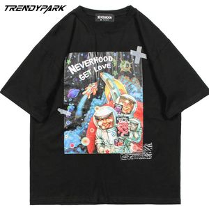 メンズヒップホップ特大Tシャツ原宿面白スペースマンプリントTシャツカジュアルコットンTシャツ夏半袖Tシャツトップ210601