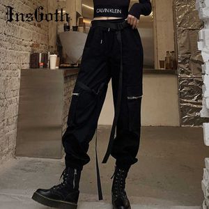 Insgoth preto cintura alta carga calças mulheres harajuku streetwear casual calças longas com cintos feminino frouxo estilo coreano x0629