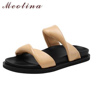 Meotina тапочки обувь женщин натуральные кожаные сандалии плоские узкие полосы скользиты квадратные пальмы носят женская обувь летняя абрикос 210608