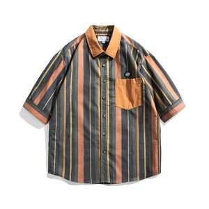 Koszulki z krótkim rękawem Paski Koszule Dla Mężczyzn Lato Czysta Bawełna Japońskie Moda Topy Mężczyzna Casual Turn-Down Luźne Odzież 210601