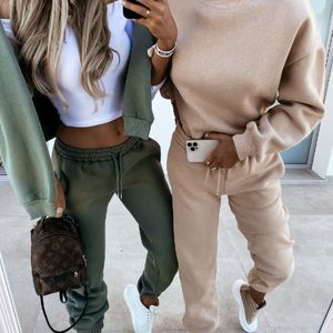 Moda mulheres duas peças calças cor sólida manga cheia casual desportivo 2 peças tops e longa calça tracksuits