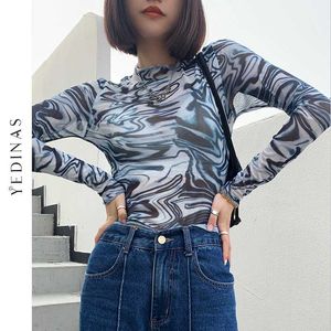 Yedinas Tie Dye長袖クロップトップセクシースリムSeeスルーメッシュトップスフレアTシャツデザイナーY2KファッションストリートウェアEGIRL 210527