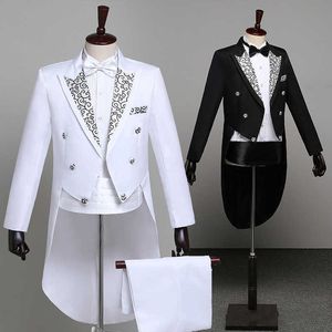 Smokin Elbise Takım Elbise Erkekler Klasik Nakış Parlak Yaka Kuyruk Ceket Smokin Düğün Damat Sahne Şarkıcı 2-piece Suits Elbise Ceket Kuyrukları X0909