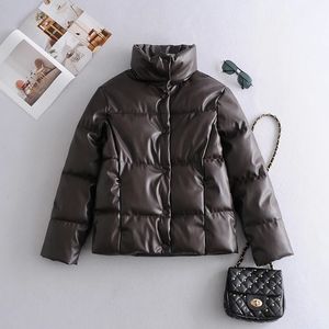 Faux Läder Parkas Kvinnor Mode Pu Coats Winter Zipper Stand Collar Crop Puffer Jacka Kvinna 210607