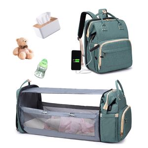 Baby Windel Tasche Bett Multifunktions USB Mama Reise OEM Custom Faltbare Krippe Rucksack mit Trolley Haken Rucksack Taschen