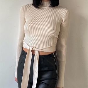 TRAF Omen Neck High Sexy Curto Sweater Fashion Split Design Halter Cinturão Decoração Manga Longa Sweater Streetwear 210918