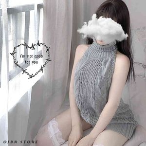 OJBK Sexy backless Women Sweaters Grey Turtleneck Sleeveless Long Virgin Killer Cosplay costumes Japanes Knitted And Pullovers