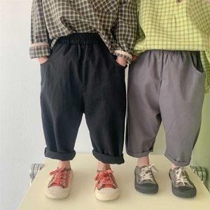 Kore tarzı katı renk geniş bacak rahat pantolon erkek ve kız pamuk gevşek pantolon 211103