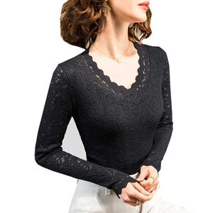Shintimes Black Lace T Shirt Women Vintage Spring Autumn Sexy Slim V-Neck T-Shirt Hollow Out Long Sleeve Womens Tops Femme 210615