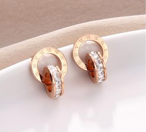 Kristall diamant örhängen roséguld mode titan stål dubbel sår romerska siffror örhängen för flickor present smycken vit röd färg