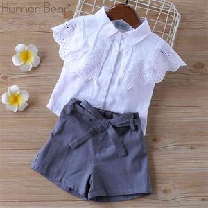 Meninas Conjunto de Roupas Moda Verão Lapela Collar Lace T-shirt + Shorts 2pcs Criança Crianças Roupas 210611