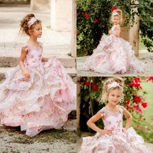 Różowy 3d Kwiatowy Kwiat Girl Sukienki na Wesele Zroszony Appliqued Ruffles Toddler Dziewczyny Korowód Dress Dzieci Formalne Wear Prom Suknie