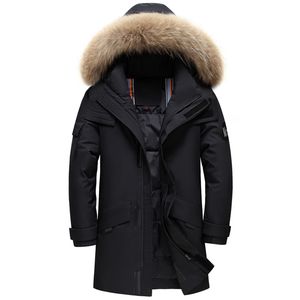 Real Fur Collar Męskie Kurtka z kapturem Ciepły Płaszcz Zimowy Mężczyźni Ciepłe 90% White Duck Down Long Park Hight Quality Man Płaszcz 211110