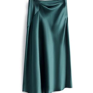 Yeşil Saten Etek toptan satış-Etekler Yüksek Bel Ofis Lady Saten Etek Kadın Yaz Vintage Shirtring Siyah Yeşil Zarif Uzun Kadın