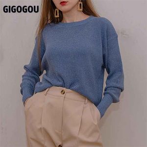 Gigogou Bling Lurex Oversized Women's Sweater O Neck Knit Pullovers Top Blus Lantern Långärmad Höst Vinter Kläder 211011
