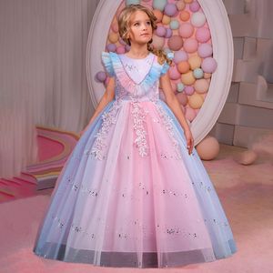 Christening dresses 2022 Summer Beading Flower Bridesmaid Dress Kids Evening Dress For Girls Children Lace Bow Princess Party