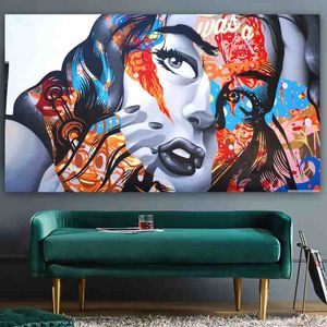 Modern Wall Art Graffiti Mulher Menina Colorida Pintura Poster Impressão Retrato sobre Lona para sala de estar Casa Decor No Quadro