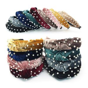 Stil Bayanlar Düğüm Inci Saç Bandı Altın Kadife Düğümlü Bantlar Moda Mizaç Bayan Hairband Inci Geniş Kenar Fırın