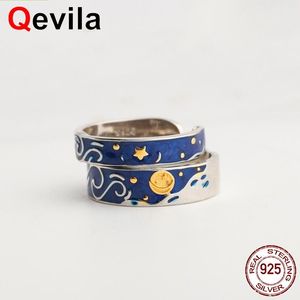 Qevila 925 Silver Smycken Van Gogh S Starry Sky Moon Justerbar för Women Lover Men Ring Romantiska Presenter