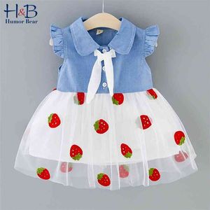 Summer Girls' Children'S Clothing Cute Little Strawberry Mesh Stitching Denim Shirt Collar Baby Kids Dress 210611