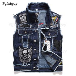 Haft Czaszka Dżinsowa kamizelka Mężczyźni Punk Rock Rive Cowboy Blue Kamizelka Moda Męski Motocykl Styl Bez Rękawów Dżinsy Kurtka