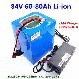 Cicli profondi 84V 60Ah 70Ah 80Ah Batteria al litio Li Lion con BMS 23S per sistema di energia solare per moto Triciclo UPS + caricabatterie 5A