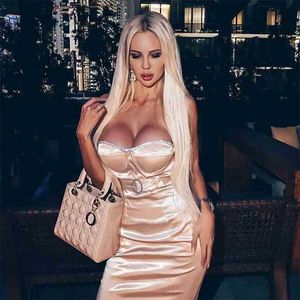 Wiosna I Jesień Trendy Zroszony Sexy Bodycon Bez Ramiączek Pas Desgin Celebrity Bankiet Club Satin Dress Vestidos 210525