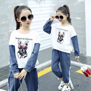 Kids Clothes Set Children's Sports Suits Cartoon Lovely Dog Print Sweatshirt and Blue Jeans Pants Fashion Christmas Outfit 210622