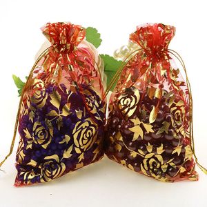 Red Bronzing Organza Jewelry Gift Bags Packaging Bag For Jewelry Small Drawstring Pouches 9x12cm 100pcs/lot Wholesale