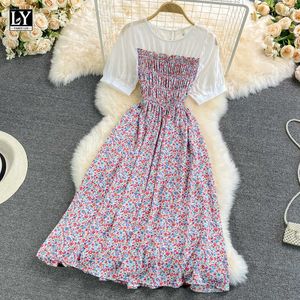 Ly Varey Lin Summer Women Sweet Puff Sleeve Floral High Waist Dresses Casual O-Neck Fake Two Piece Chiffon A-Line 210526