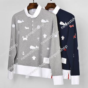 2021 Fashion Tb Thom T-shirt Turn-down Collar Patchwork Long-sleeve Men Cotton Whale Embroidery Ins Style Clothing