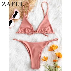 Swimwear Women Cami Bralette Thong String Bikini Set Sexy Low Waist Tie Spaghetti Straps Female Beach Swimsuit Biquni 210722