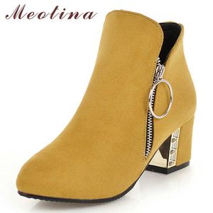 Meotina Women Boots Fall Ankle Boots Zipper Square High Heels Short Boots Square Toe Shoes Lady Winter Big Size 3-12 Botas mujer 210608