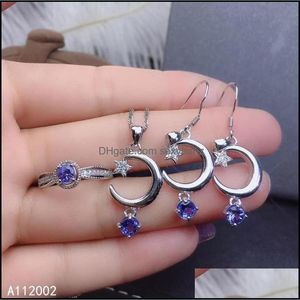 Conjuntos Jóias Finas Natural Tanzanite 925 Sterling Sier Mulheres Pingente Colar Brincos Anel Set Support Pulseira Requintado, Drop Delive