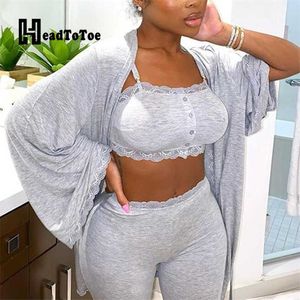 Solid Lace Crochet Bra Crop Tops Skinny Byxor Öppna Fram Långa Coats Set Loungewear Casual Women 3 Piece 211105