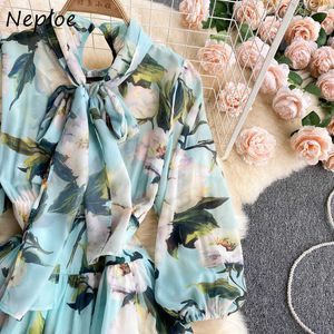 NAPOE GRACE Kadınlar Şifon Yaz Maxi Elbise Yay İpli V Yaka Baskılı Robe Kadın Ince Bel Yarım Kollu Tatil Vestidos Y0823