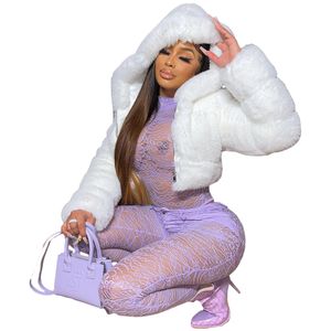 가짜 모피 재킷을 가진 여자 패션 트렌드 두꺼운 따뜻한 자른 후드 겉옷 디자이너 여성 겨울 splicing 모피 칼라 코트 여성용