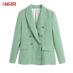 Tangada Kobiety Moda Nosić Office Green Plaid Tweed Podwójne Breasted Blazer Płaszcz Vintage Kobiet Odzieżowiec Be926 210609