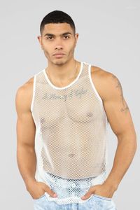 Mäns Tank Topps Män Sommar Sexig Sheer Club See-Through Fishnet Slim Fit Solid Vest Male Gym Muskel Tankar Tee Kostymer