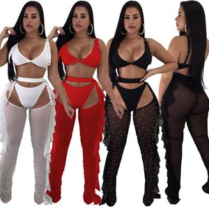 Women Night Club Wear Sexy Bikinis+Mesh Pants Solid Color Summer Clothes Hot Swime Two Piece+Sheer Leggings 3 Pieces Set DHL Ship 4546