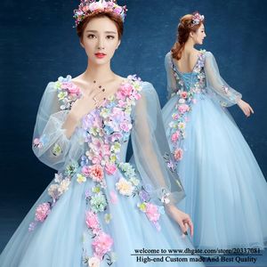 Abiti stile Quinceanera 2021 Sexy scollo a V fiori partito prom formale pizzo up principessa manica lunga abito di sfera tulle abiti da 15 anos Q36