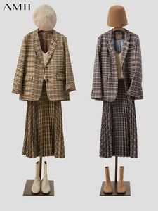 Amii Minimalism Women's Set Elegant Plaid Blazer Skirt Office Lady Suit Coat High Waist Long Skirts Female Dress Sets 12141217 211119