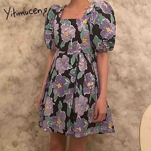 Yitimuceng Цветочные печать платья для женщин Высокая талия слоеный рукав квадратный воротник Sundress летние корейские моды мини-платье 210601