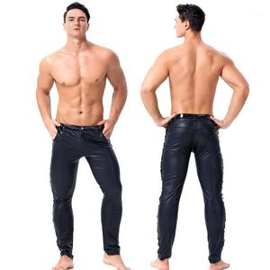 Męskie spodnie S M L XL XXL Mężczyźni PU Leather Gothic Black Sexy Nit Stretch Bodycon Spodnie w połowie talii