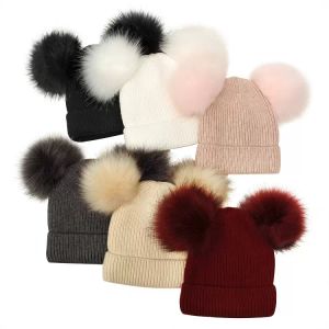 Meninas de bebê de malha bonés Crochet Pompom Beanies Bonés Chapéu de Bola de Pele Dupla Crianças Tricotadas Acessórios para Crianças Cap