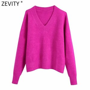 Zevity Women Shimple Vネックソフトタッチカジュアルパープルニットセーター女性シックなベーシックロングスリーブプルオーバーブランドTOPS SW901 211007