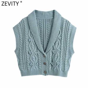 Zevity Womenファッションボールアップリケ編みねじれ編みセーター女性ノースリーブカジュアルベストシックカーディガントップスS677 210603