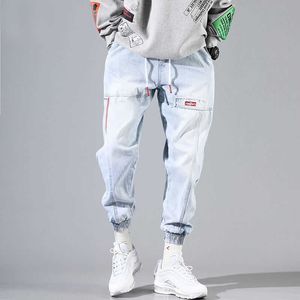Baggy Kot Erkekler Mavi Siyah Yırtık Kot Hip Hop Streetwear Harem Ayak Bileği Uzunluğu Denim Pantolon Elastik Bel Rahat Pantolon X0621